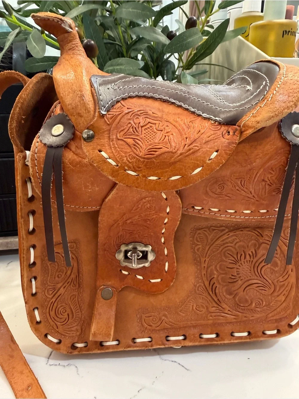 Handcrafted Brown Tooled Leather Saddle Crossbody Bag